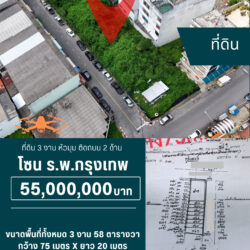55 ลบ ที่ดิน 3 งาน หัวมุม ติดถนน 2 ด้าน ร.พ.กรุงเทพ <<{มีภาพมุมสูง}>>