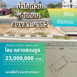 23 ลบ ที่ดินเกือบ 1 ไร่ ติด ถ. สงขลา-นาทวี สวนตูล น้ำไม่ท่วม